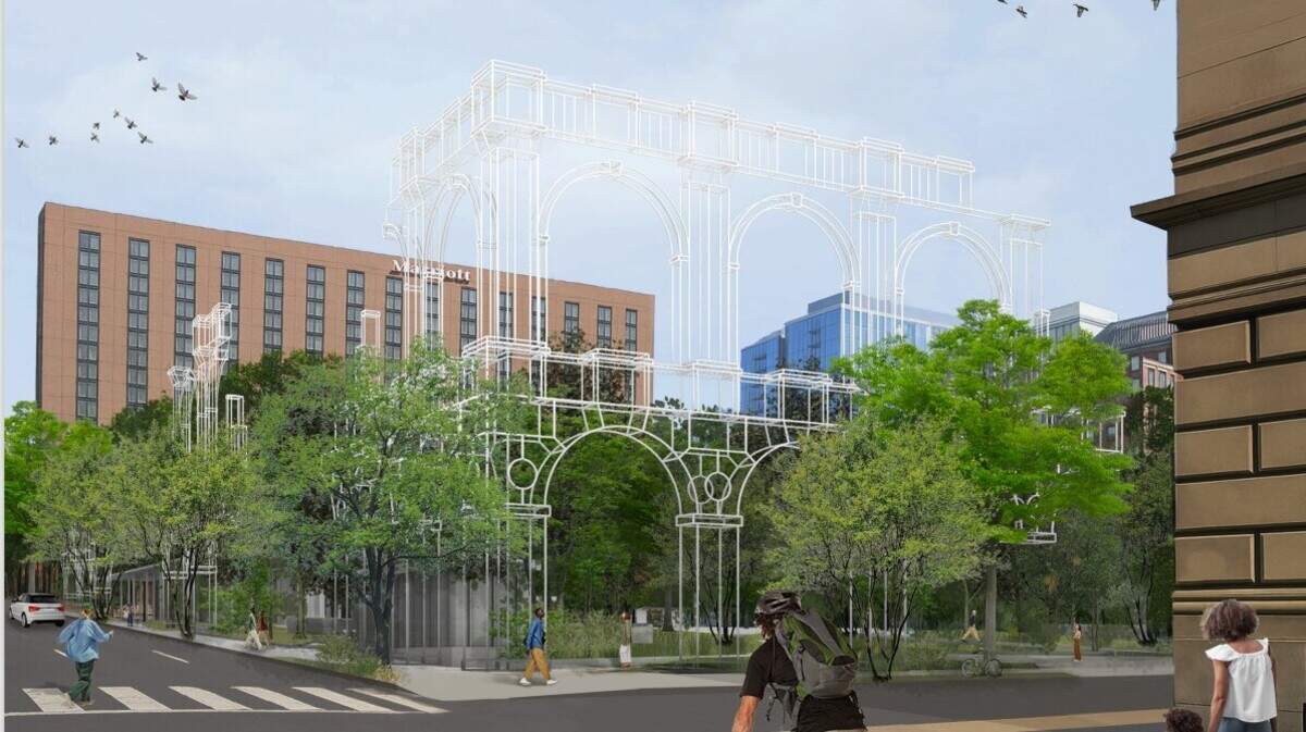 Rendering of the southwest corner of the new Barney Allis Plaza showig a piece of “Kansas City Spirit, Memory and Resilience,” a steel sculpture meant to evoke the “memory” of the 1899 KC Convention Center that once occupied the space.