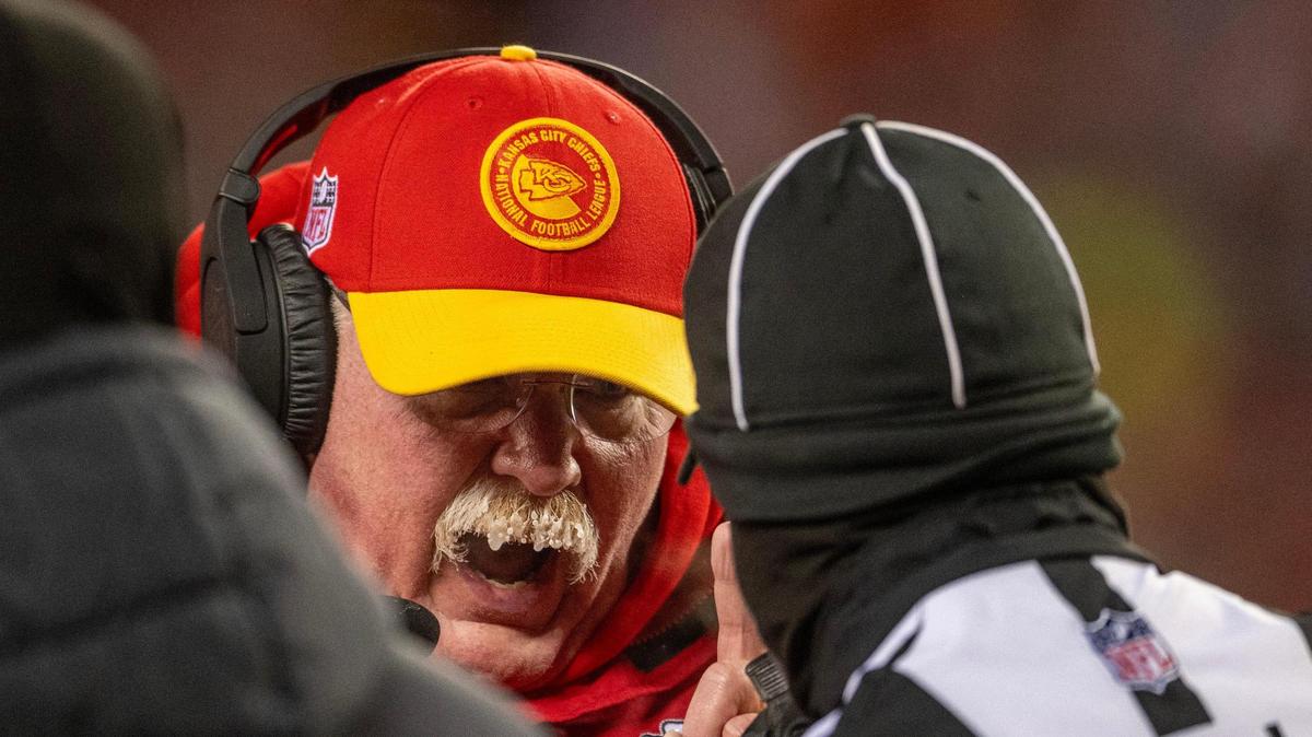 Kansas City Chiefs head coach Andy Reid yells at an official in the second quarter during an AFC Wild Card game on Saturday, Jan. 13, 2024, in Kansas City.