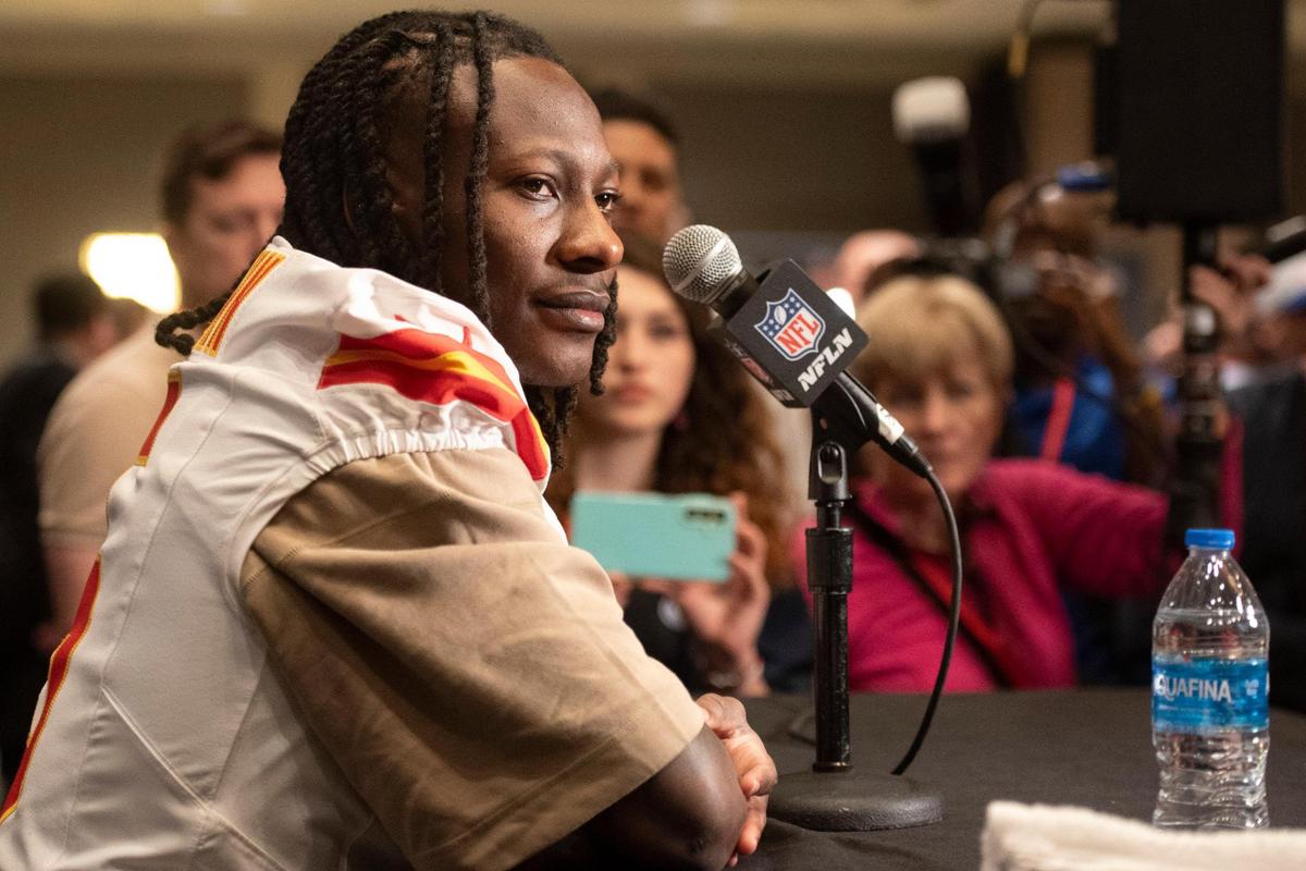 Kansas City Chiefs wide receiver Hollywood Brown (5) takes questions from the press during a team media availability at New Orleans Marriott in New Orleans on Tuesday, Feb. 4, 2025.
