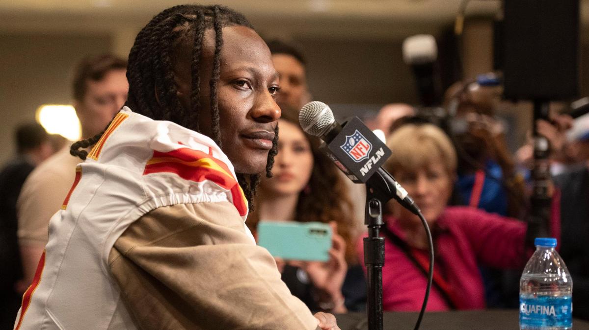 Kansas City Chiefs wide receiver Hollywood Brown (5) takes questions from the press during a team media availability at New Orleans Marriott in New Orleans on Tuesday, Feb. 4, 2025.