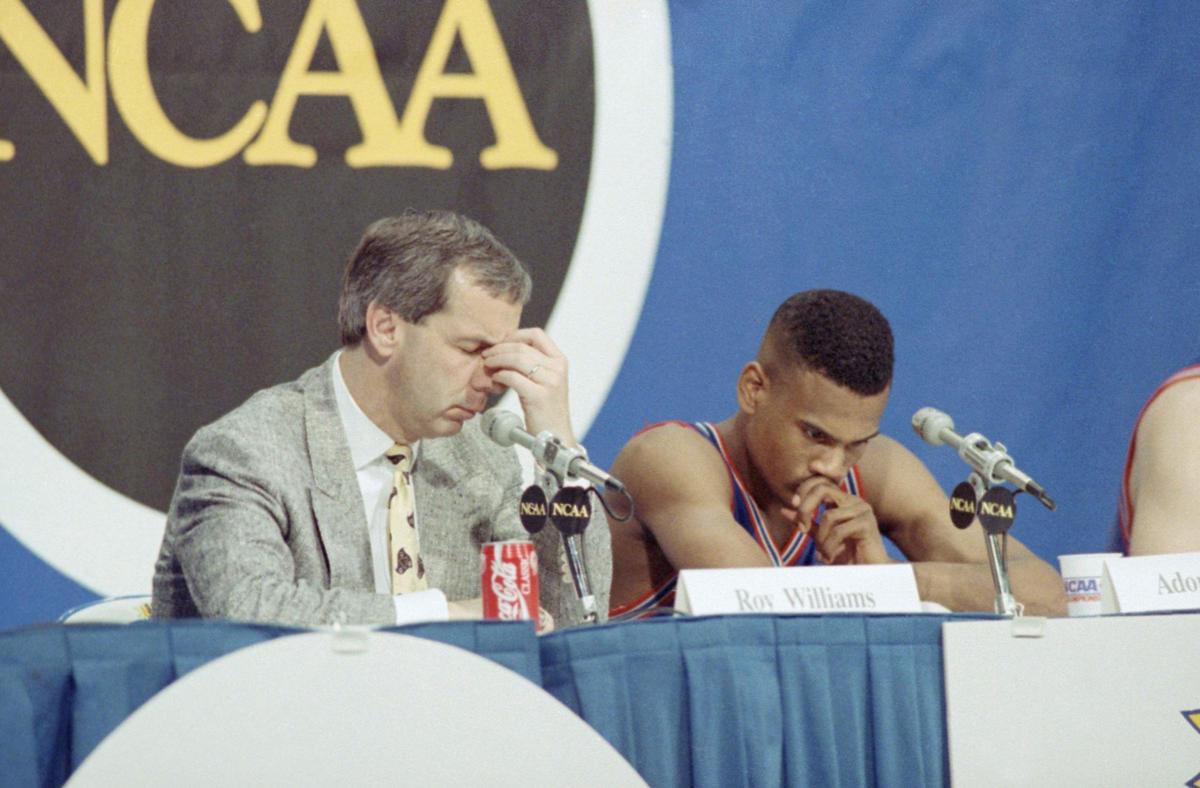 Kansas coach Roy Williams, left, and player Adonis Jordan look dejected at a press conference after the NCAA Final Four Championship game in Indianapolis April 1, 1991. Duke defeated Kansas 72-65.
