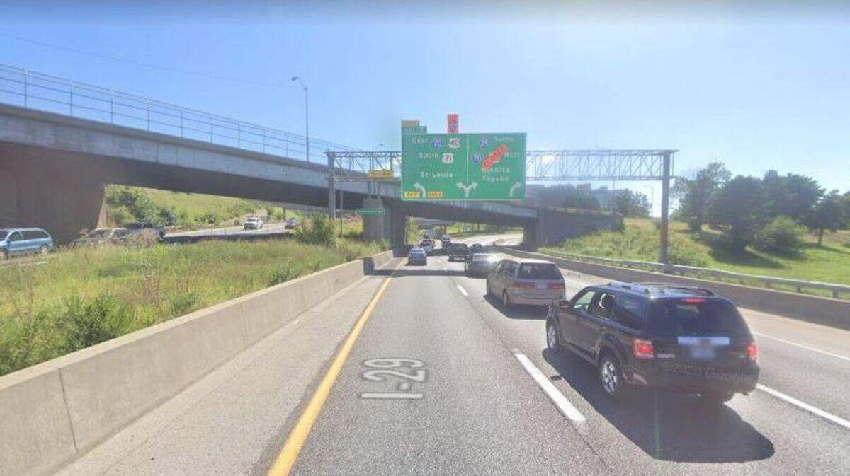 A motorcyclist died following a three-vehicle crash on Interstate 35 north of Independence Avenue, police said. This Google Maps Street View image shows the area near where the crash happened.