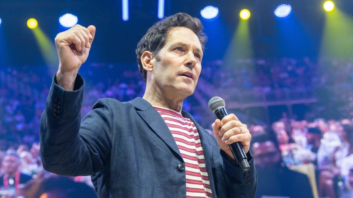 Paul Rudd speaks to the crowd at the Big Slick fundraiser on Saturday, May 30, 2026, at T-Mobile Center. The annual fundraiser put on by famous Kansas City celebrities raises money for Children’s Mercy Hospital.