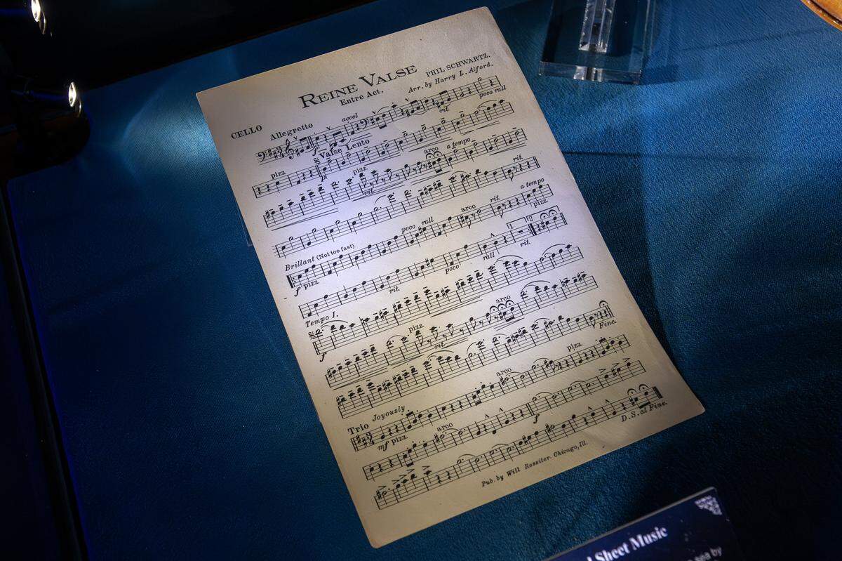 A piece of sheet music for the song “Reine Valse” is on display at the Titanic: An Immersive Voyage exhibit at Union Station on Thursday, Nov. 6, 2025, in Kansas City.