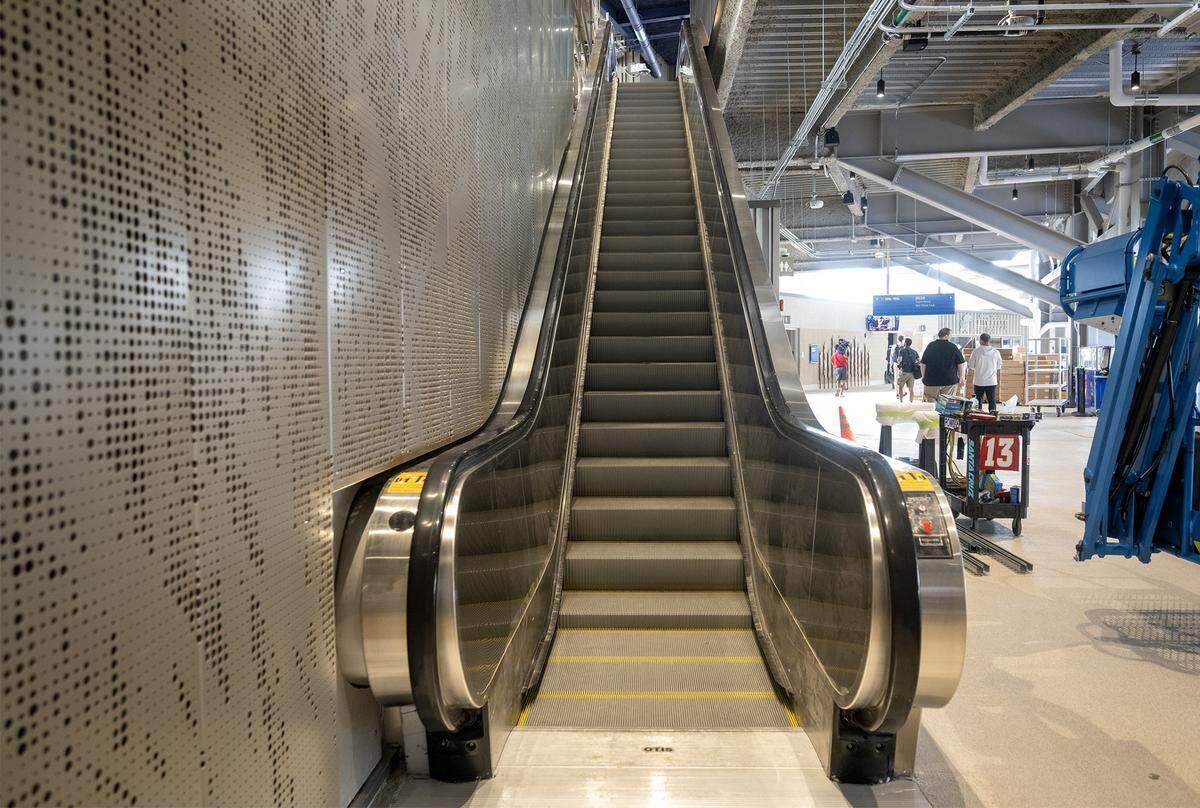 The escalator at the new David Booth Kansas Memorial Stadium in Lawrence.