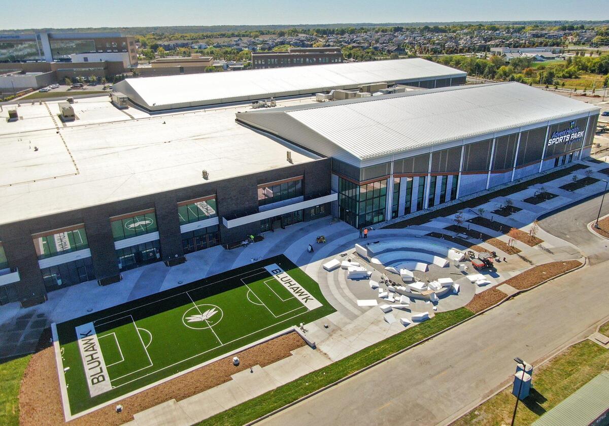 The first phase of the AdventHealth Sports Park at Bluhawk is nearing completion and is scheduled for a grand opening on Saturday, Oct. 26, 2024, in Overland Park. The 260,000-square-foot facility, part of a $125 million project, is getting ready to open with the hockey arena being a major highlight.