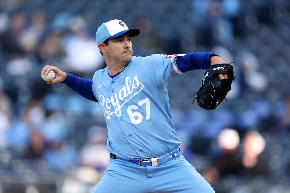 Royals starter Seth Lugo pitches against the Milwaukee Brewers during a doubleheader nightcap at Kauffman Stadium in Kansas City on Saturday, April 4, 2026.