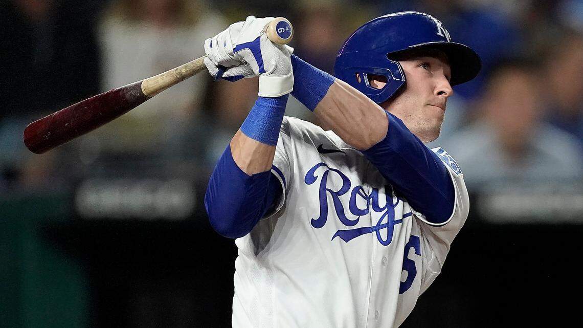 Kansas City Royals’ Drew Waters watches his a two-run home run during the fifth inning of a baseball game against the Cleveland Guardians Monday, Sept. 5, 2022, in Kansas City, Mo. (AP Photo/Charlie Riedel)