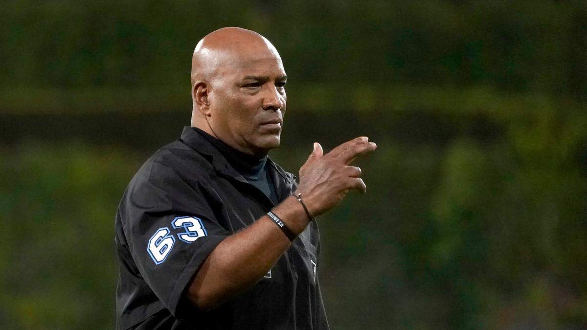 Umpire Laz Diaz looks acknowledges a fan during a baseball game between the Chicago White Sox and the Oakland Athletics Saturday, July 30, 2022, in Chicago. (AP Photo/Charles Rex Arbogast)