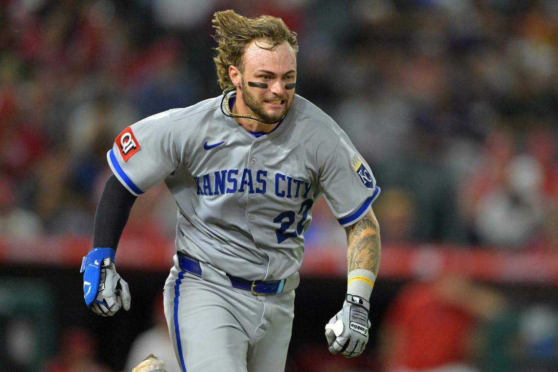 Carter Jensen #22 of the Kansas City Royals runs to first against the Los Angeles Angels at Angel Stadium of Anaheim on September 25, 2025.