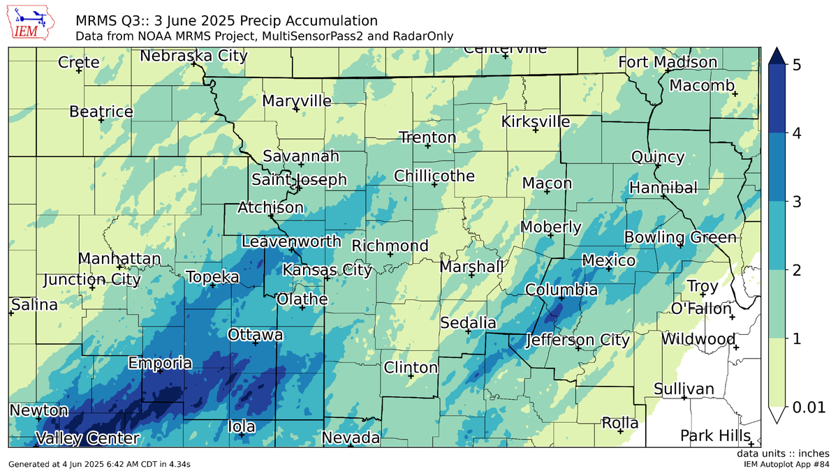 Widespread showers and thunderstorms soaked the Kansas City area with 1.5 to 3 inches of rain, according to the National Weather Service. Some areas in Kansas and Missouri had 3 to 5 inches of rain.