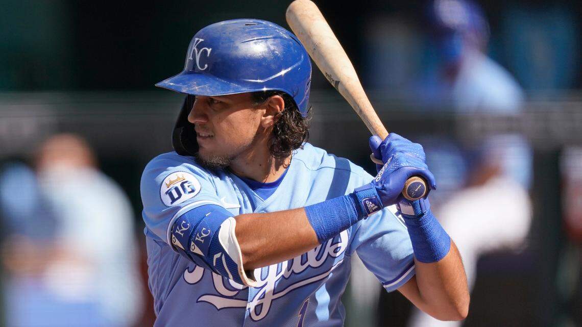 Kansas City Royals’ Nicky Lopez bats during the first inning of game one of a baseball double-header against the Cincinnati Reds Wednesday, Aug. 19, 2020, in Kansas City, Mo. (AP Photo/Charlie Riedel)