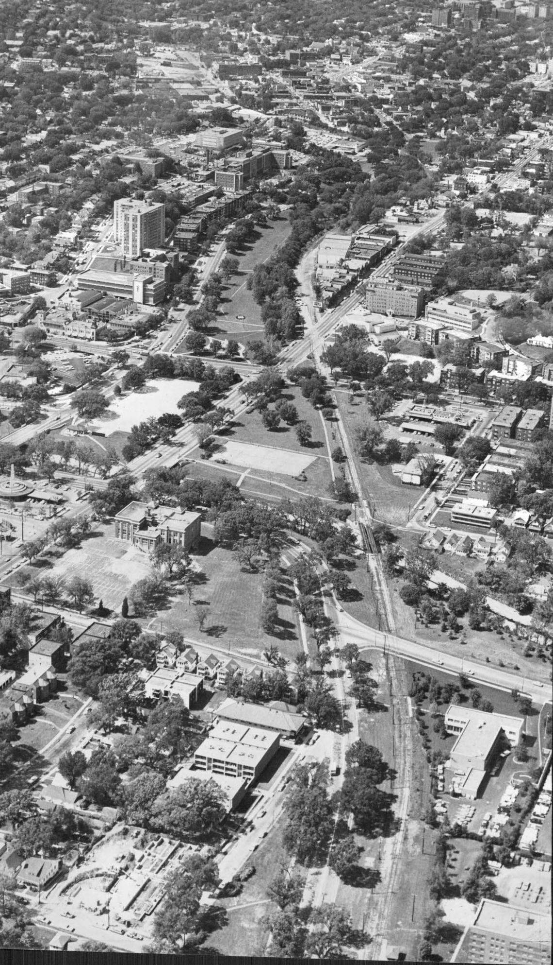 The decommissioned Country Club streetcar line stretched from Westport (top), through Mill Creek Park and along the eastern edge of the Country Club Plaza shopping district (center), to Brookside Boulevard (bottom).