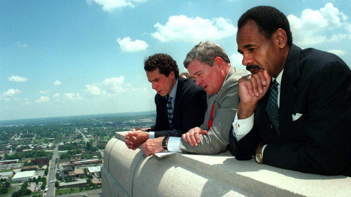 The City Hall deck gave an overview of the city to then-HUD Secretary Andrew Cuomo (left), Sen. Kit Bond and Emanuel Cleaver in 1997.