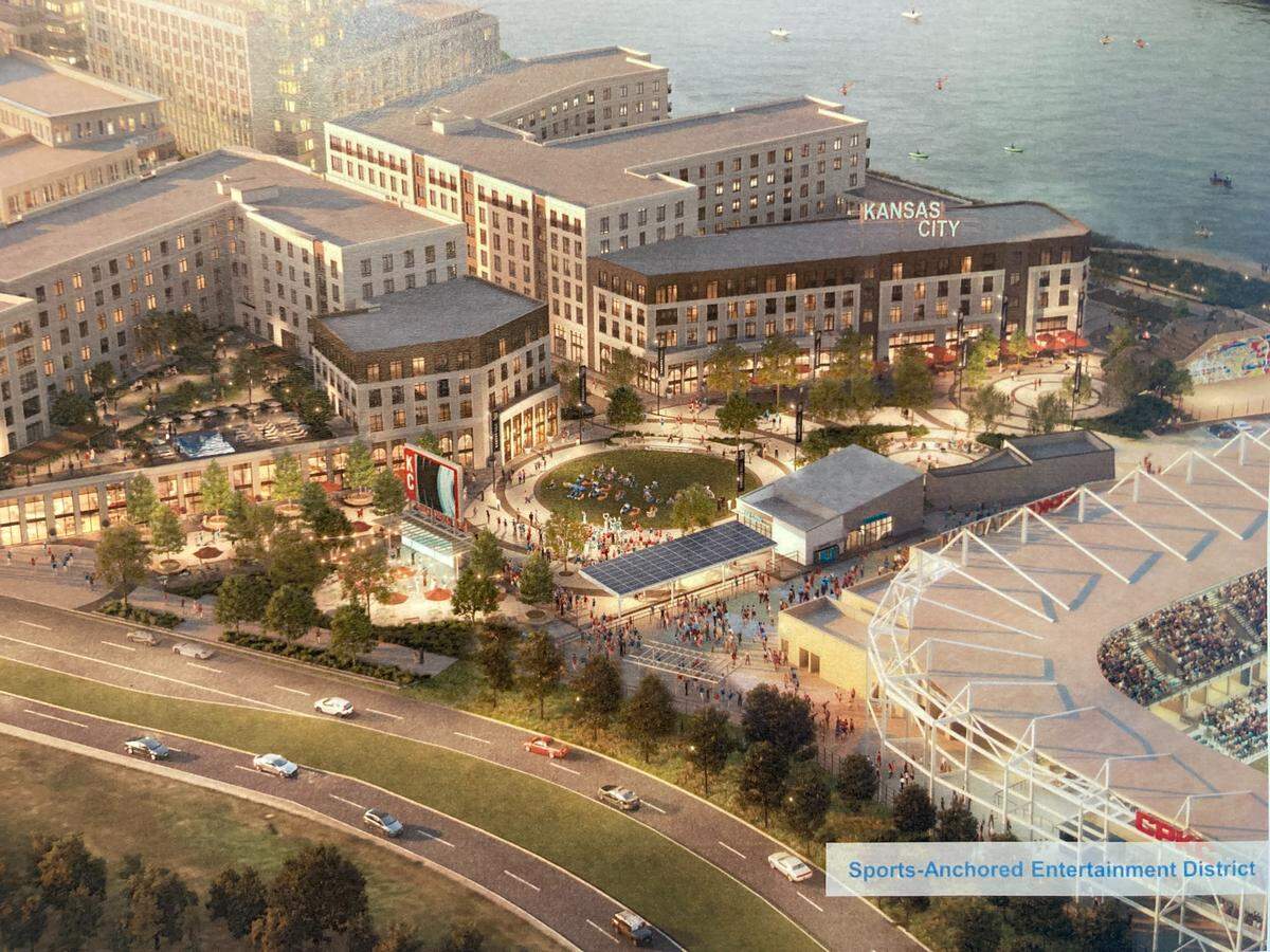 Rendering, looking northwest, of the $1 billion mixed-use development along Berkley Riverfront being led by Chris and Angie Long, prime owners of the KC Current, CPKC Stadium and Palmer Square Capital Management. Phase 1 of the development, including 433 apartments, new parks and retail, is set to be completed by the June 2026 FIFA World Cup.