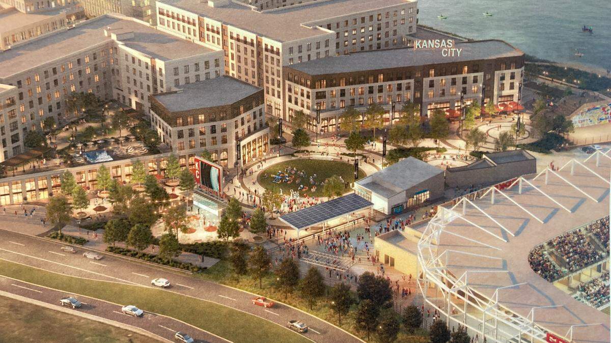 Rendering, looking northwest, of the $1 billion mixed-use development along Berkley Riverfront being led by Chris and Angie Long, co-owners of the KC Current and owners of CPKC Stadium and Palmer Square Capital Management. Phase 1 of the development, including 433 apartments, new parks and retail,is set to be completed by the June 2026 FIFA World Cup.