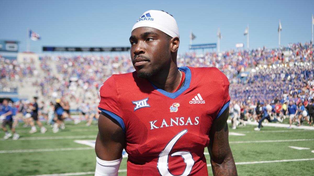 Kansas Jayhawks quarterback Jalon Daniels (6) on field after the win over the Duke Blue Devils at David Booth Kansas Memorial Stadium on Sept 24, 2022.