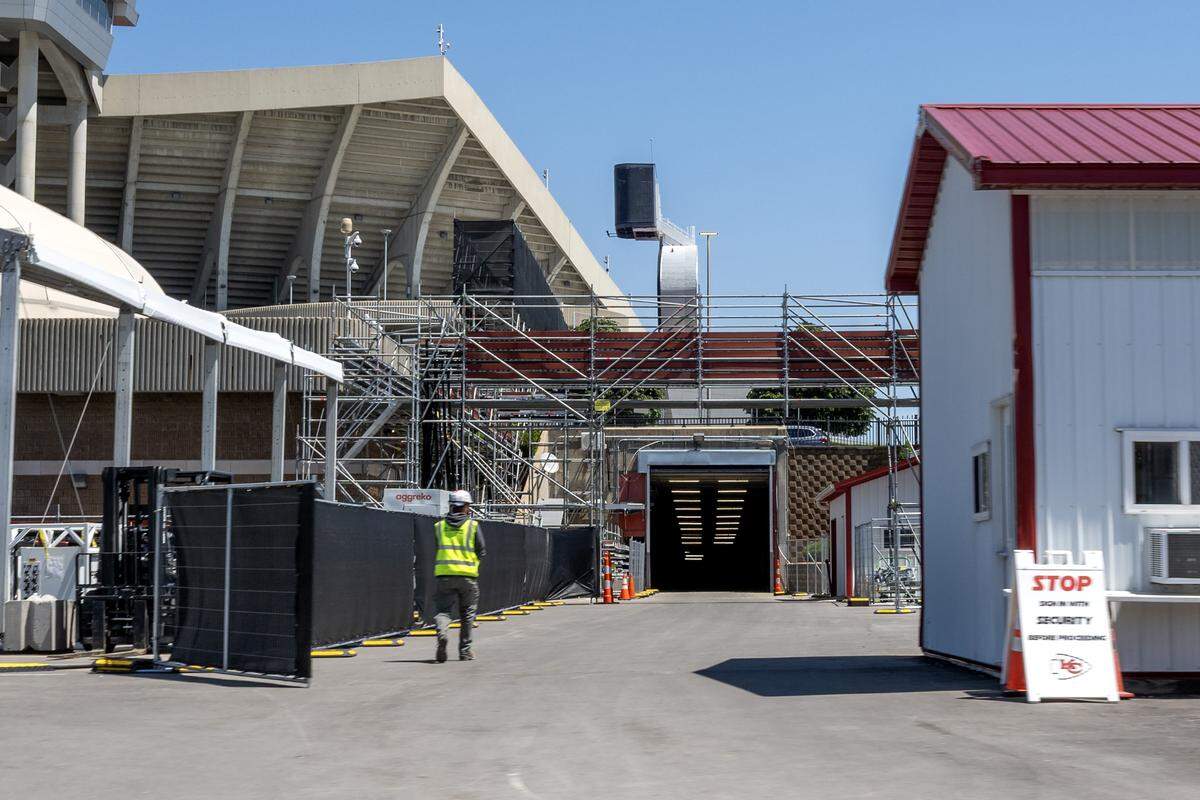 Scaffolding is seen around a tunnel at GEHA Field at Arrowhead Stadium on Monday, May 11, 2026. Crews are preparing the stadium for the FIFA World Cup.