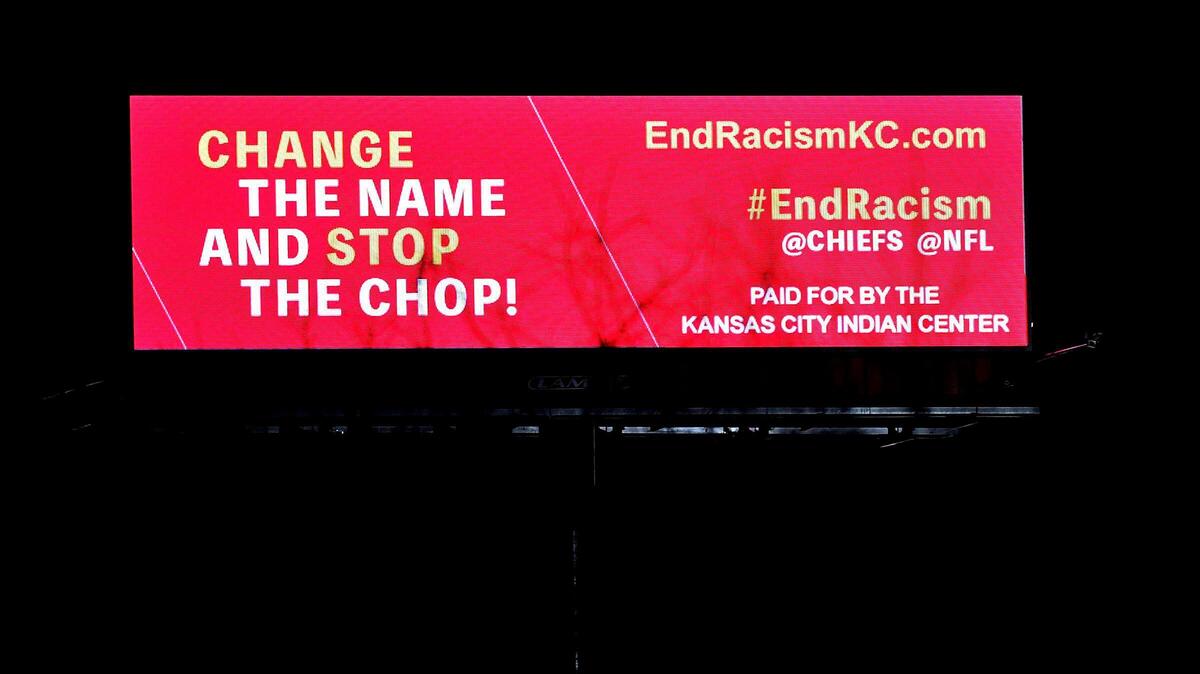 A billboard located on the west side of I-435, just south of 23rd Street is one of several around Kansas City that have been purchased by two local groups to urge Kansas City Chiefs fans to stop doing the tomahawk chop and also calls for the Chiefs to change their name.