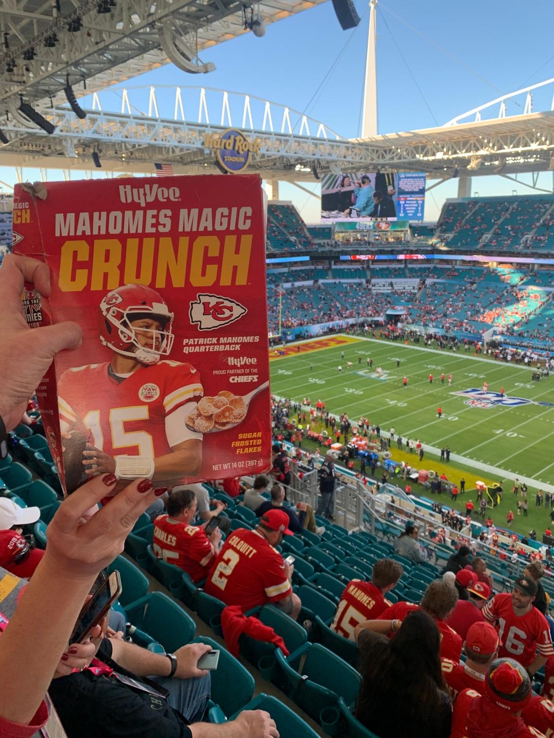 Jim Still brought in a box of “Mahomes Magic Crunch” to Super Bowl LIV on Feb. 4, 2020 in Miami. He’s going to this year’s Super Bowl in Glendale, Arizona and a box of the same cereal is coming with him.