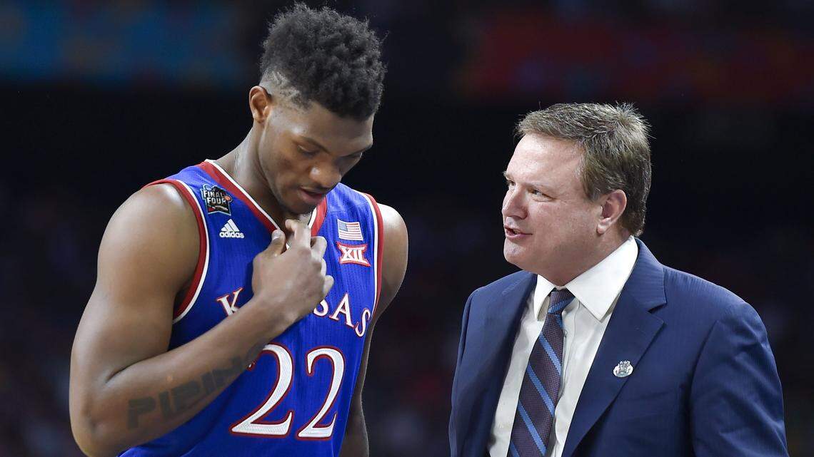 Kansas freshman forward Silvio De Sousa (left) and coach Bill Self at the Final Four.