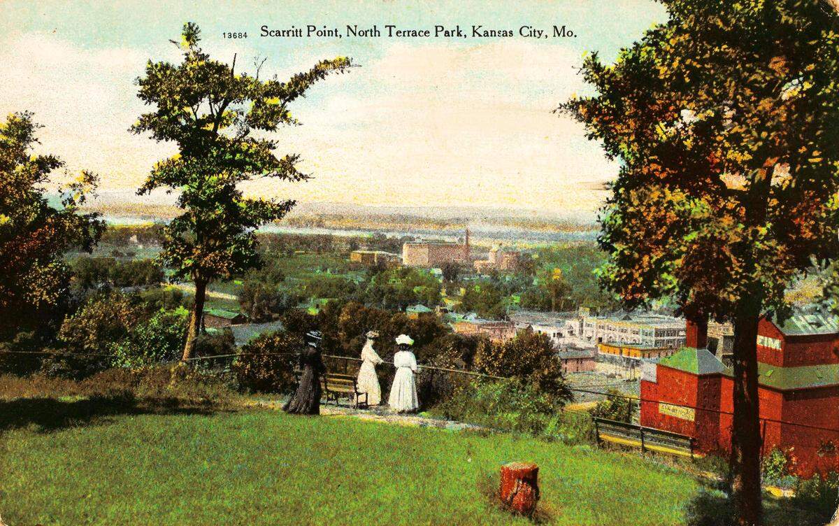 Park visitors looking down on the East Bottoms from North Terrace Park. KANSAS CITY PUBLIC LIBRARY