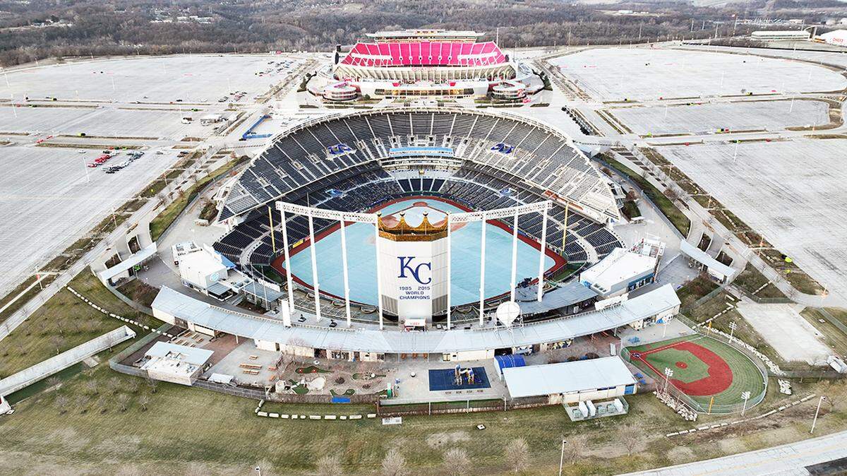 A general overall aerial view of Kauffman Stadium (foreground) and Arrowhead Stadium at the Truman Sports Complex on Feb. 14, 2024.