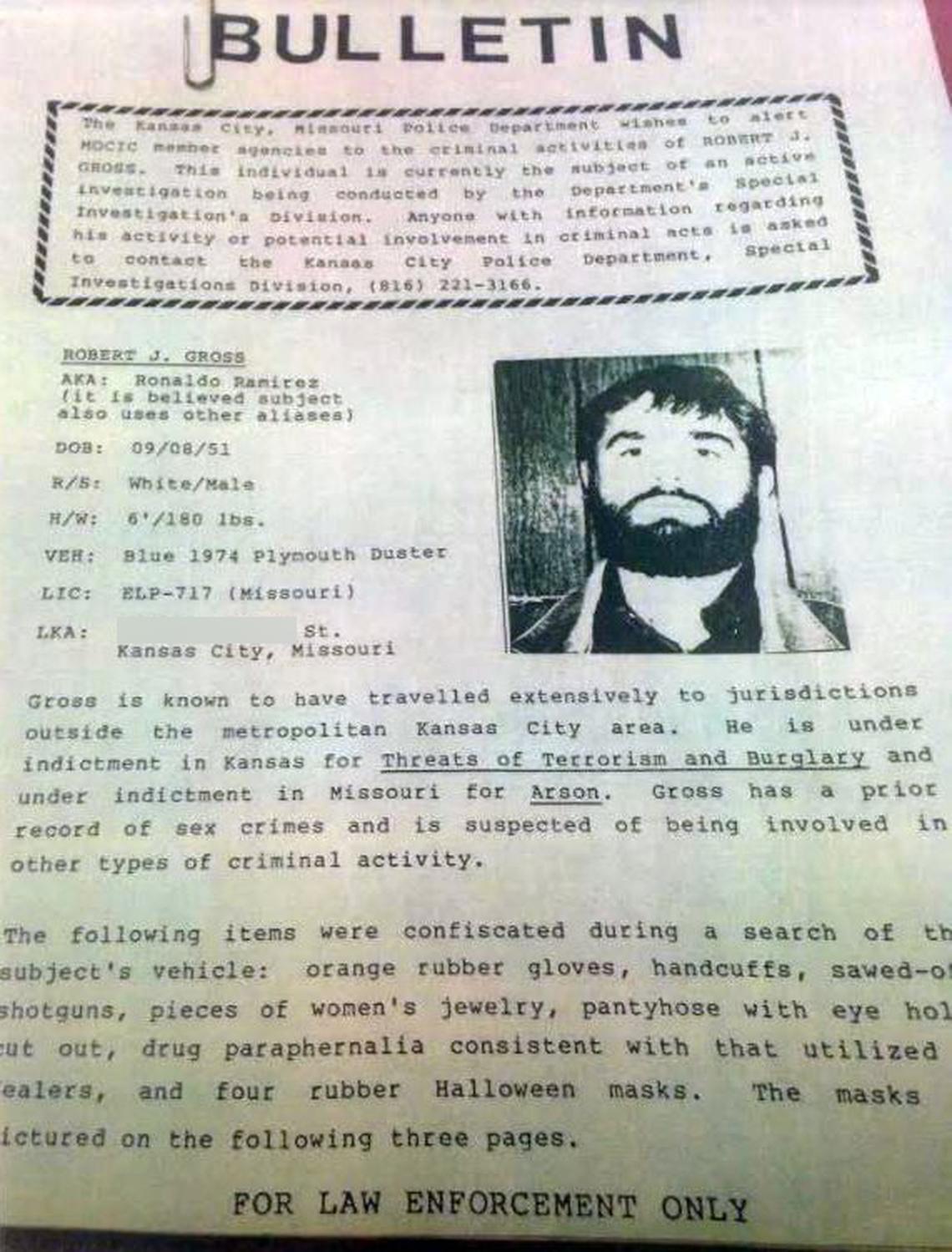 A police bulletin from the 1980s identified Robert Gross as a criminal suspect under scrutiny by the Kansas City Police Department’s Special Investigations Division. The bulletin was included in the investigative file of a 1979 double homicide.