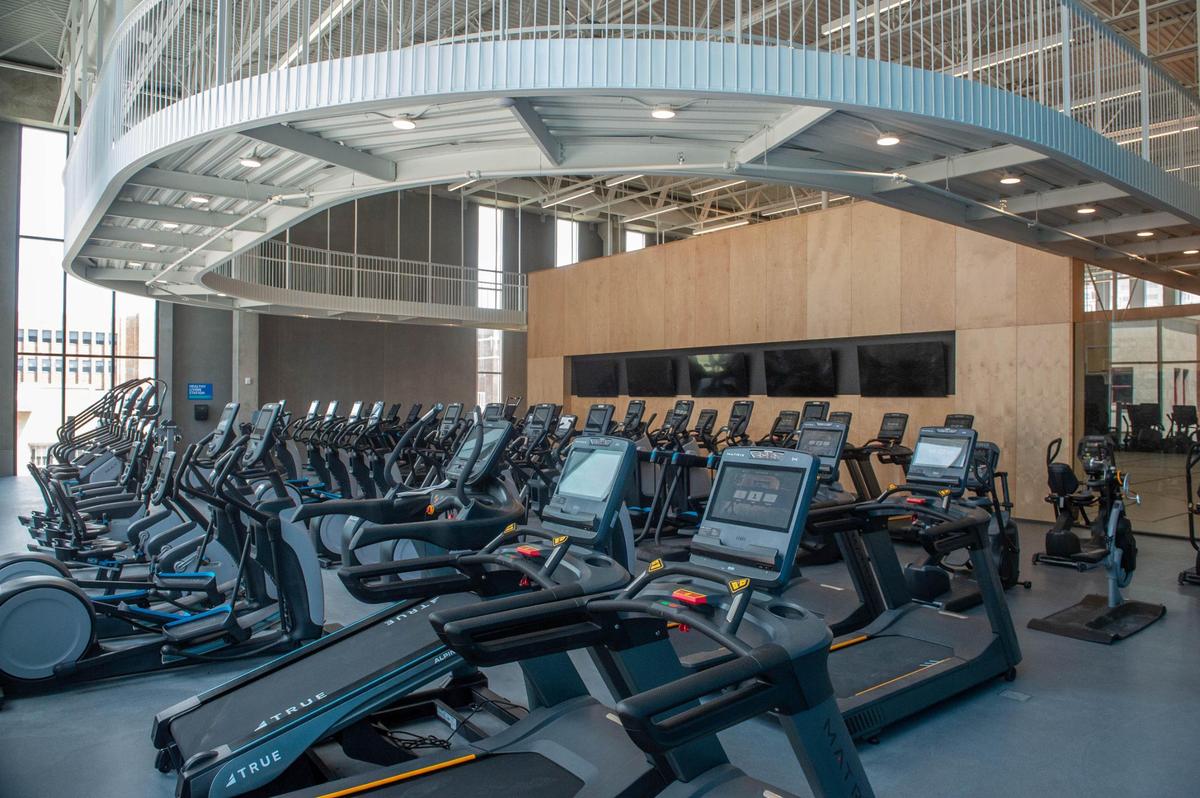 The third level of the new downtown YMCA features a variety of fitness equipment and a suspended indoor walking track.