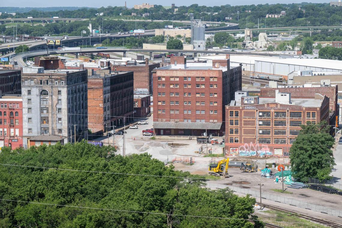 Elevated view of Kansas City’s West Bottoms at Santa Fe Street and Union Avenue where New York-based SomeraRoad developments plans the first phase of a $527 million redevelopment. The Avery building, left, Moline Plow Co., building (center) and Crooks Terminal building (right) are to be redevelopment using historic tax credits, bordering a public plaza.