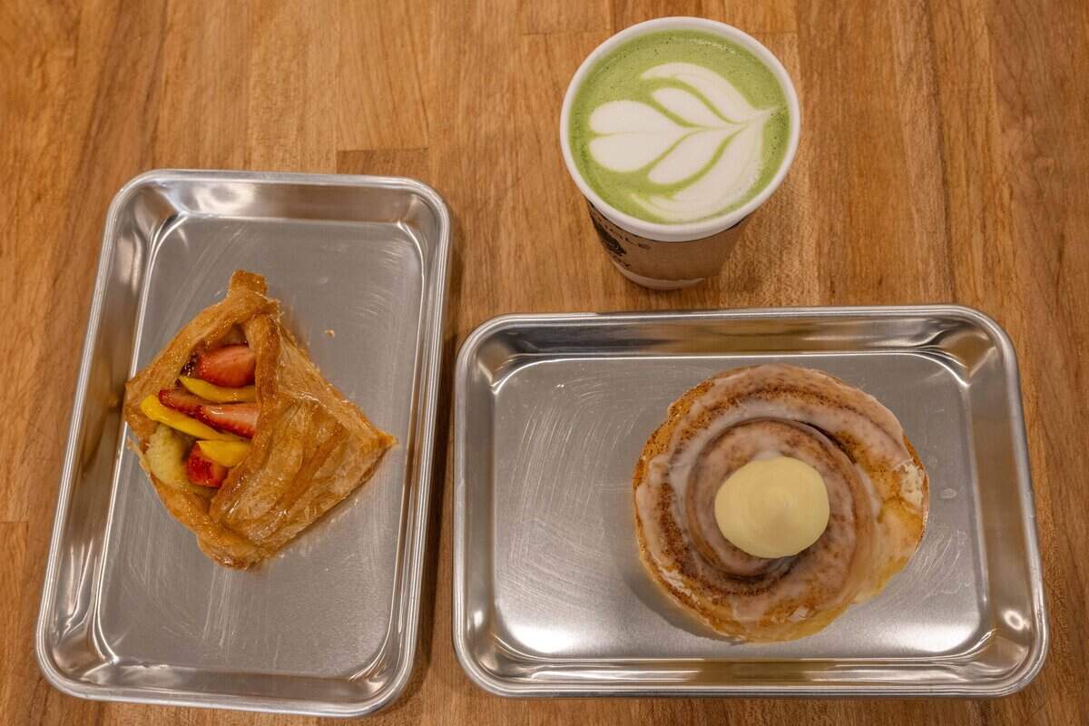 Pastries and a matcha latte at the soft opening for Bodega Bakery, a new cafe/bodega from the owner's of Blackhole Bakery, on Friday, December 12, 2025, in Kansas City.