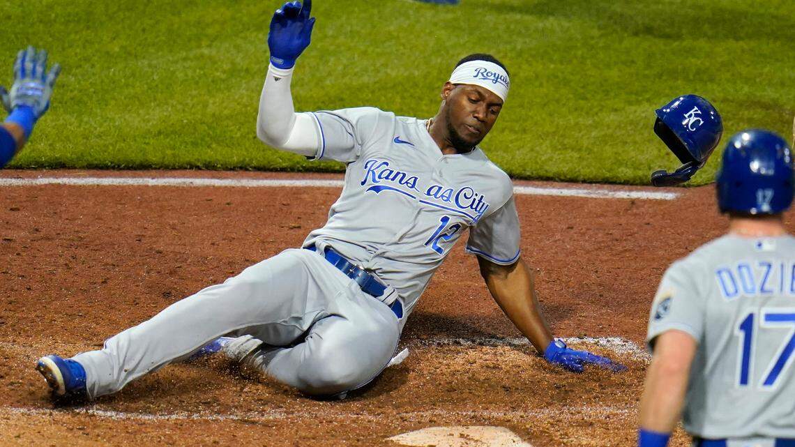 Kansas City Royals’ Jorge Soler (12) scores on a two-run double by Andrew Benintendi off Pittsburgh Pirates pitcher Chris Stratton during the sixth inning of a baseball game in Pittsburgh, Wednesday, April 28, 2021.(AP Photo/Gene J. Puskar)