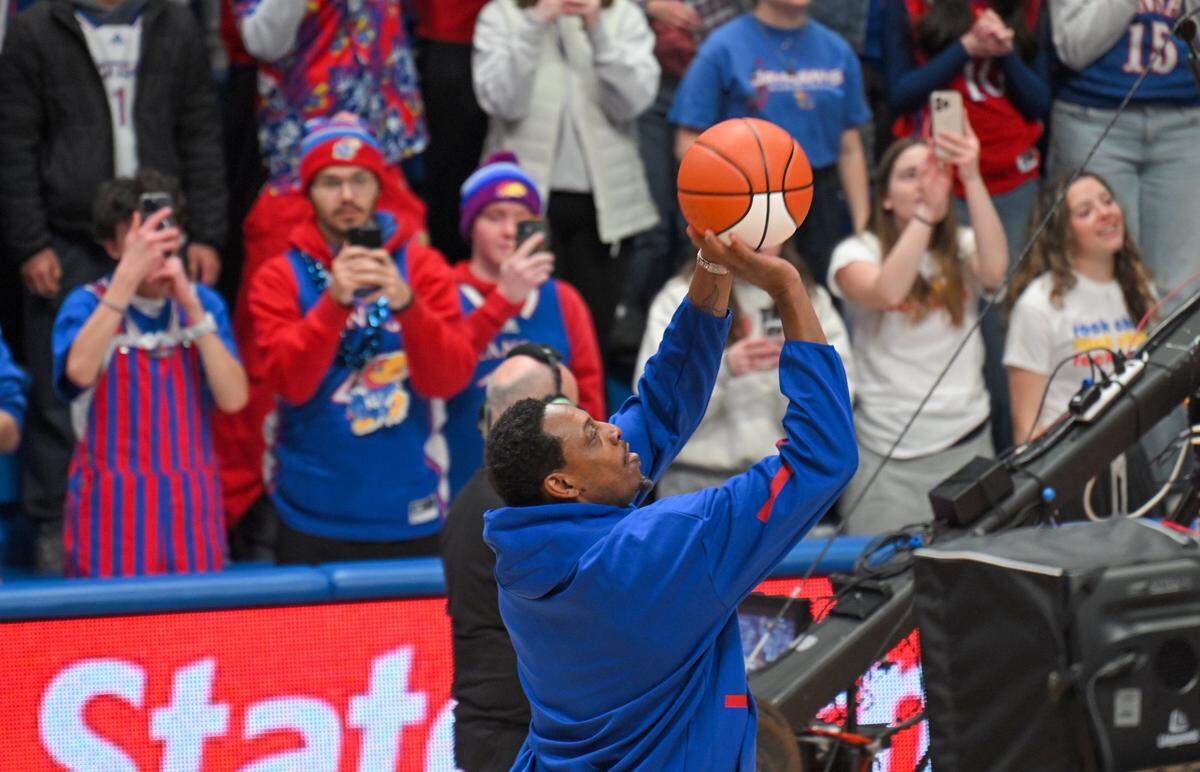 Former Kansas Jayhawks stay Paul Pierce makes a three-point shot in Allen Fieldhouse during ESPN's College GameDay ahead KU's highly anticipated matchup vs. BYU on Saturday, Jan. 31, 2026.