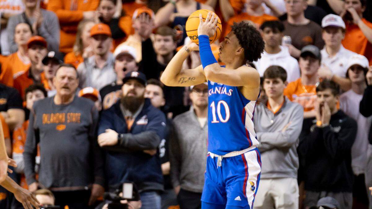 Kansas’ Jalen Wilson shoots the ball in the first half against Oklahoma State in Stillwater, Okla., Tuesday, Feb. 14, 2023.