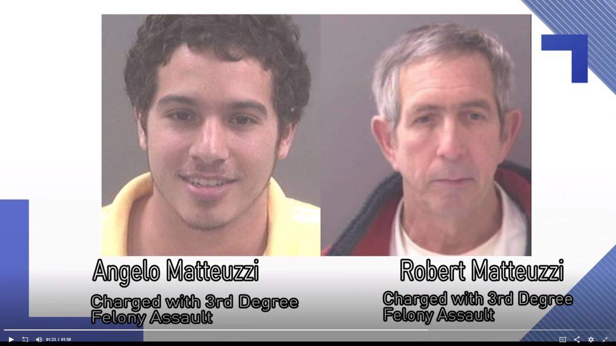 A screenshot from KSDK shows the mugshots of Angelo Matteuzzi, 30, and Robert Matteuzzi, 71, both of St. Louis. The father and son were each charged with third-degree assault following a dispute with another person over Pokemon Go on Monday, June 18, 2018.