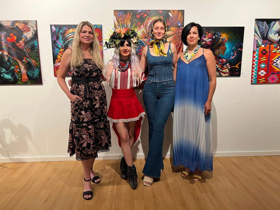 Mission Arts Center owner Lyudmyla Savinkova, left, with her Ukrainian friends, musician Olena Bosworth, model Alla Skaskevych and florist Julia Polishchuk.
