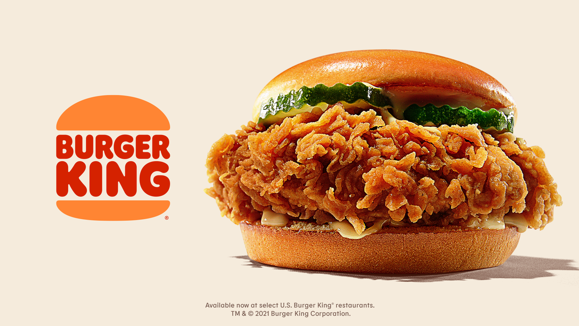 Burger King’s fried chicken sandwich has a fired chicken breast filet, pickles and a signature sauce on a toasted potato bun.