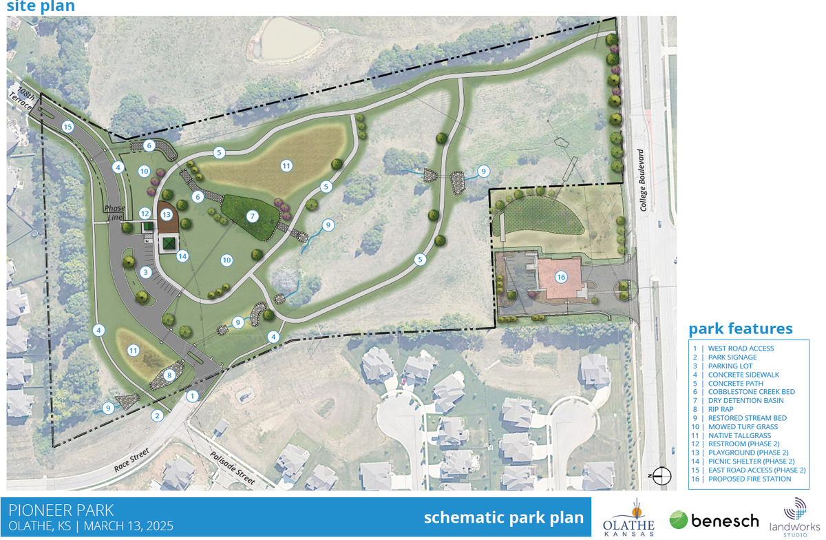 A project design for Pioneer Park, a brand-new park being built in Olathe starting in Spring 2026. The park will be built in two phases, with the second beginning sometime in 2027.