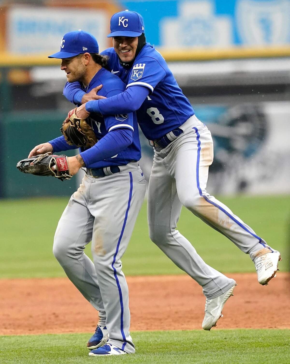 Nicky Lopez, jumps on teammate Kyle Isbel’s back in celebration of the Royals’ 5-2 win over the White Sox on Thursday afternoon in Chicago.