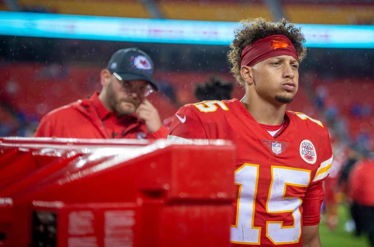 Chiefs quarterback Patrick Mahomes leaves the field after last Sunday’s prime-time loss to the Bills at Arrowhead Stadium.