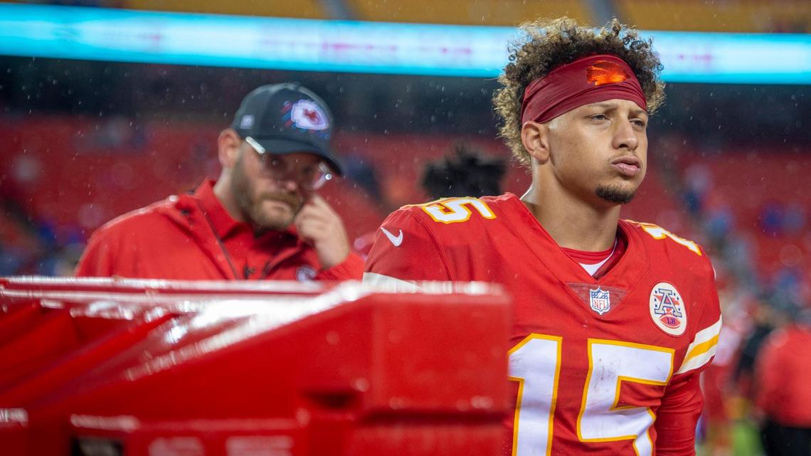 Kansas City Chiefs quarterback Patrick Mahomes (15) walks off the field after the Chiefs, 20, lost to the Buffalo Bills, 38, on Sunday, Oct. 10, 2021, at Arrowhead Stadium.