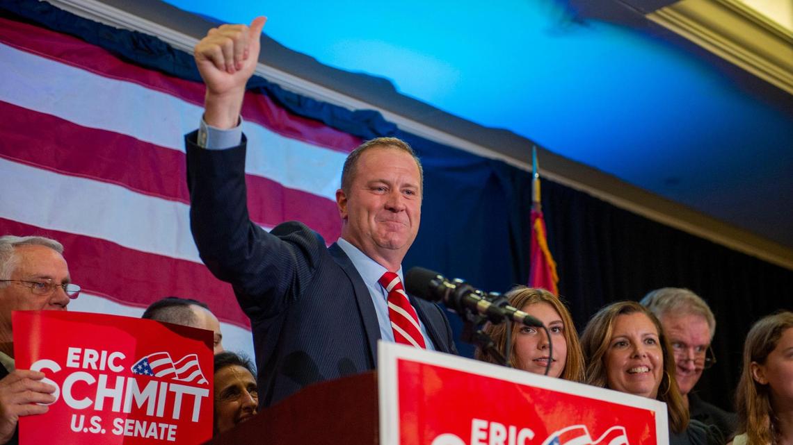 Missouri Attorney General Eric Schmitt acknowledges the crowd of supporters at his election night watch party in St. Louis after winning the GOP primary for U.S. Senate on Tuesday, Aug. 2, 2022