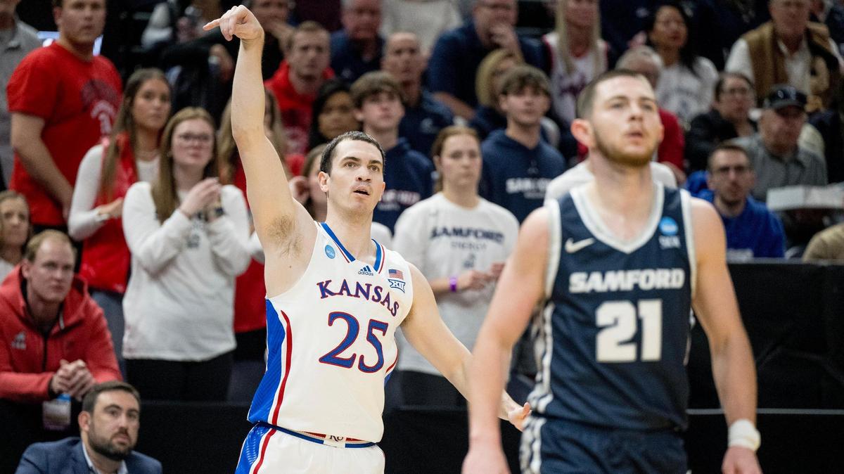 Kansas Jayhawks guard Nicolas Timberlake (25) watches a 3-point shot enter the basket against the Samford Bulldogs during a men’s college basketball game in the first round of the NCAA Tournament on Thursday, March 21, 2024, in Salt Lake City, Utah.