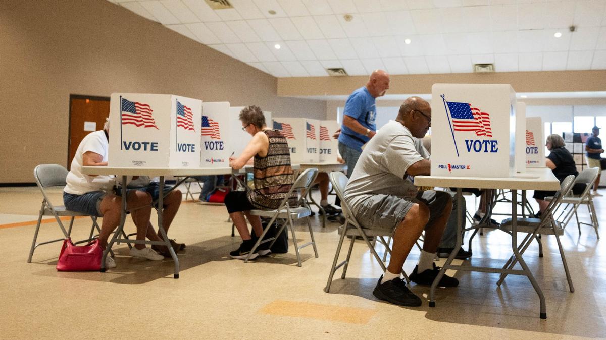 Voters cast ballots for the primary election at the Lees Summit Christian Church on Tuesday, Aug. 6, 2024, in Lee’s Summit.