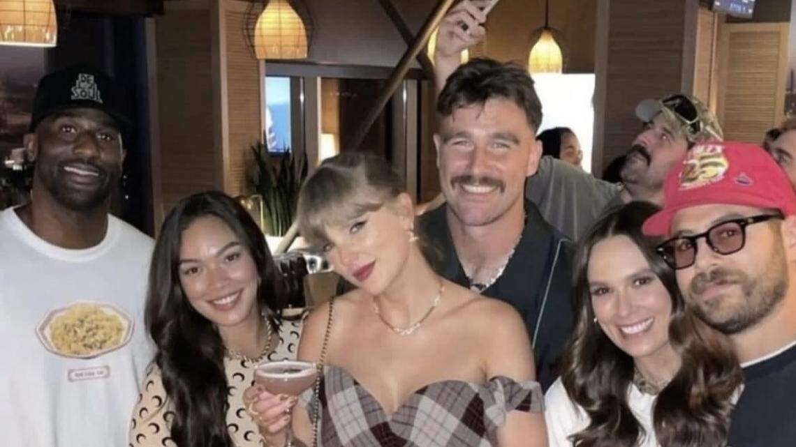 The Kelce Brothers Instagram account posted a photo of Taylor Swift and Travis Kelce with friends after the Chiefs-Saints game Monday. They appear to be at one of the couple’s favorite restaurants in Kansas City, Prime Social.