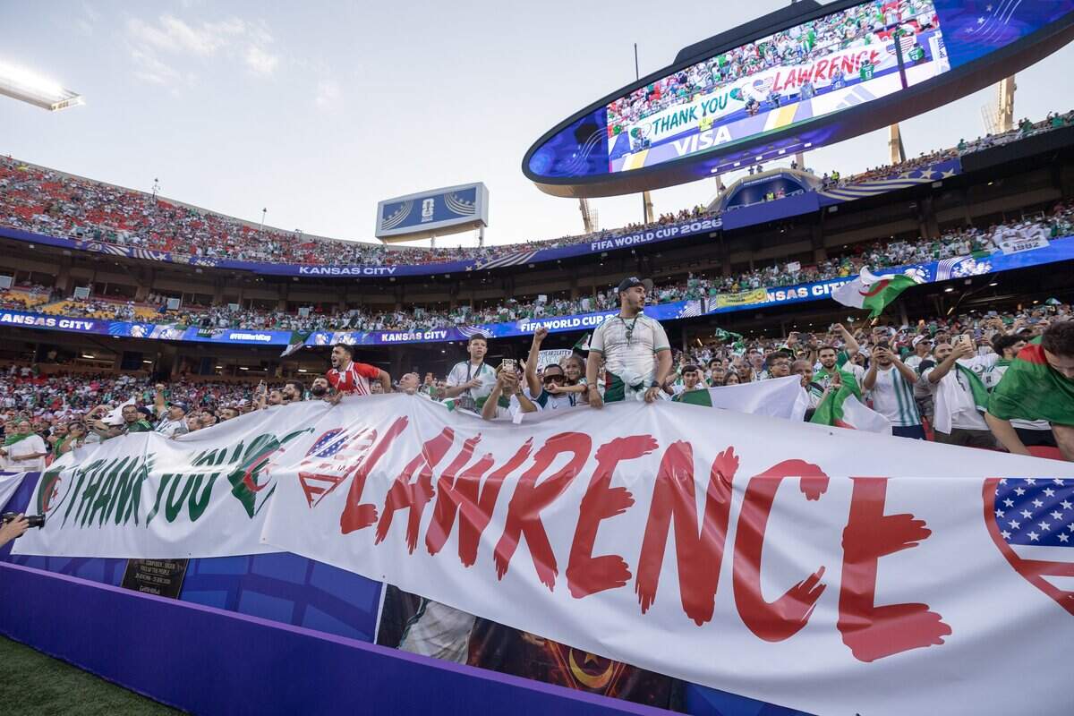 Algerian fans put up a banner expressing their gratitude of the city of Lawrence before their team's match against Austria at Kansas City (Arrowhead) Stadium in Kansas City on Saturday, June 27, 2026.