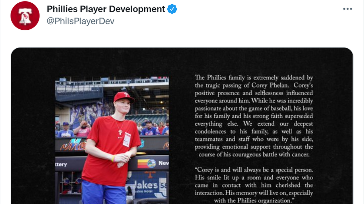 Minor league pitcher Corey Phelan, a member of the Philadelphia Phillies organization, died months after he was diagnosed with cancer.