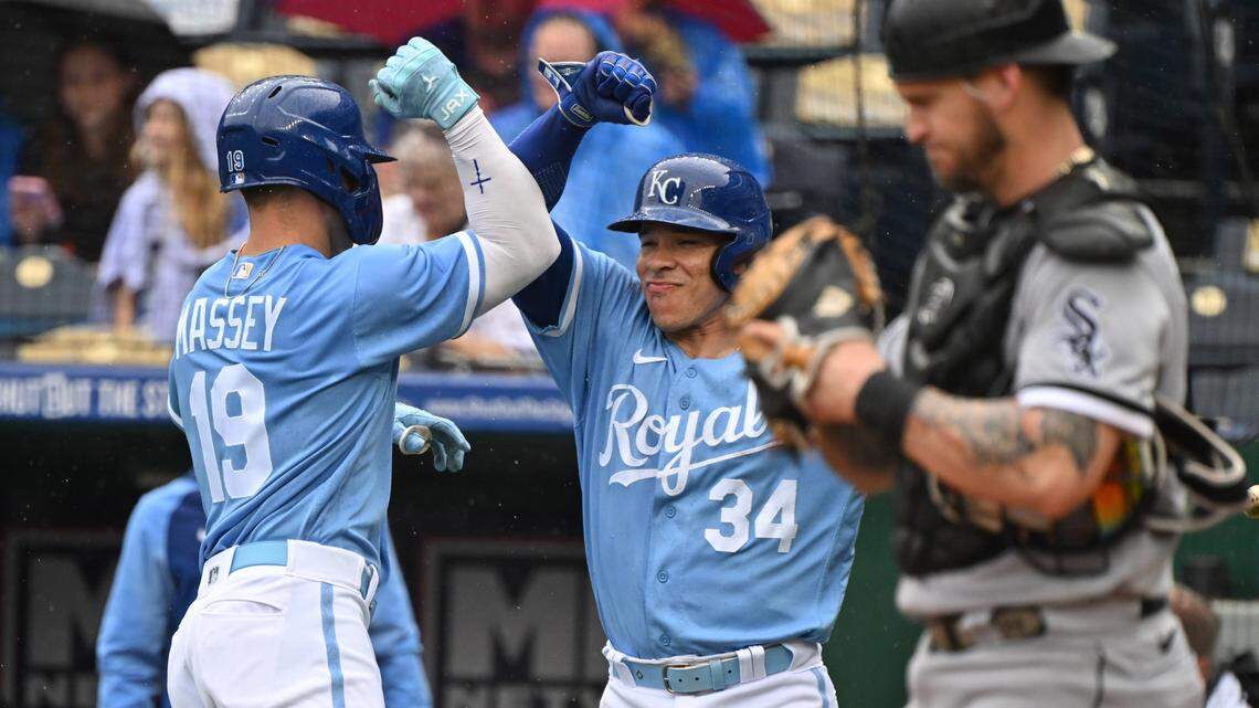 Royals second baseman Michael Massey (19) celebrates with catcher Freddy Fermin (34) after hitting a solo home run during the second inning against the White Sox at Kauffman Stadium on May 11, 2023.