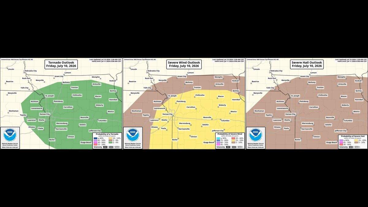 Strong to severe thunderstorms will be possible Friday afternoon in the Kansas City area, according to the Storm Prediction Center, part of the National Weather Service. All forms of severe weather are possible, including damaging winds, heavy rainfall, hail and tornadoes,.