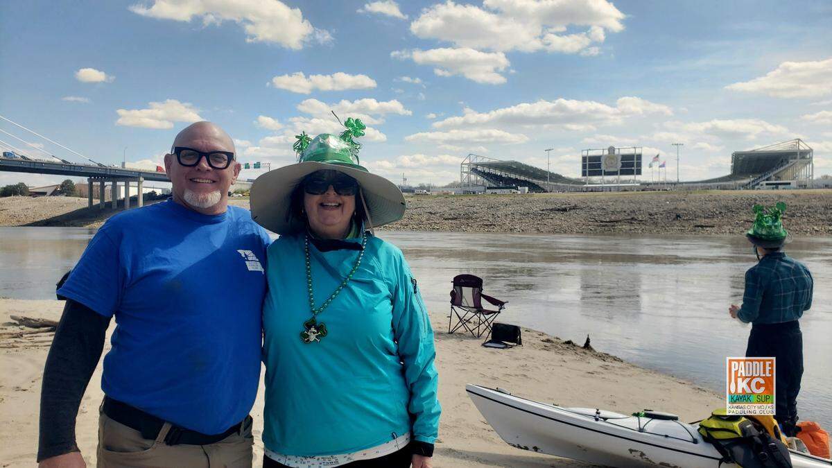 A view from the Missouri River that shows the KC Current’s new CPKC Stadium in the background.